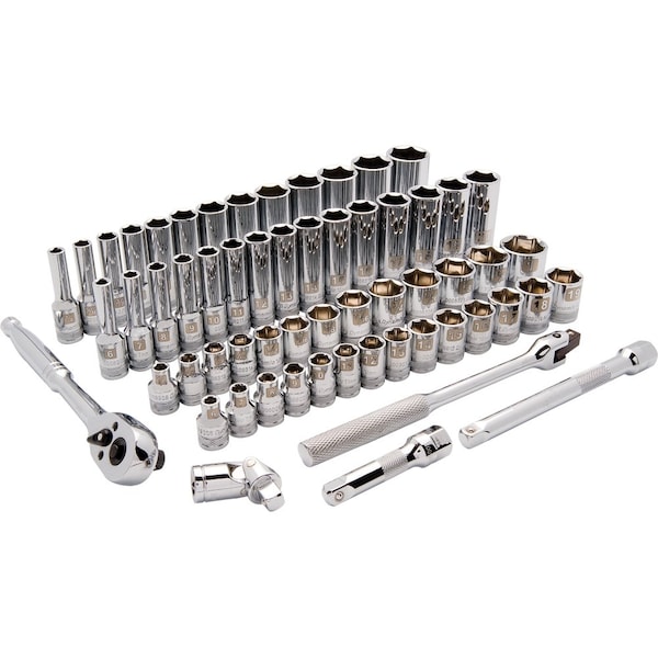 3/8" Dr 60Pcs 6 Pt, Std/Deep, SAE/Metric Socket Set, 1/4"-1", 6mm-20mm